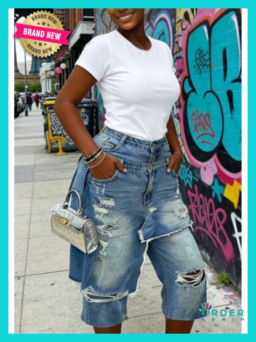 Wide Leg Capri Jeans Distressed Ripped Patchwork Denim Shorts Jorts - Picture 4 of 6